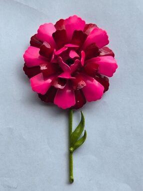 Vintage Mid Century Metal Enamel Flower Brooch Pink & Red Carnation w/ Stem